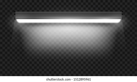 Realistic 3d white long fluorescent light tube isolated on transparent background. Bright illuminated luminescence lamp. Vector illustration.