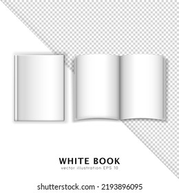 Realistic 3D white matte closed and opened book with paper sheets. Template of notebook, textbook, magazine, diary with blank pages and place for text. Mock up, layout design with copy space