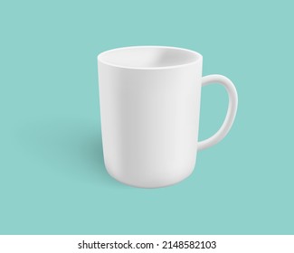 Realistic 3D White Mug Mockup, Vector Mesh Illustration. Big Cup On Blue Background.