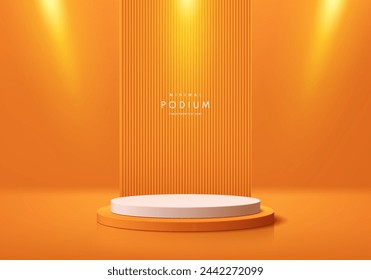 Realistic 3D white, orange cylinder podium pedestal with spotlight and vertical pattern background. Abstract summer minimal scene mockup products display. Stage for showcase. Vector geometric forms.