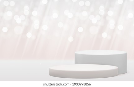 Realistic 3d white pedestal over pastel bokeh lights background. Trendy empty podium display for cosmetic product presentation, fashion magazine. Copy space vector illustration EPS10