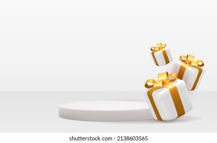 Realistic 3d white pedestals with gift boxes over white background. Copy space vector illustration EPS10