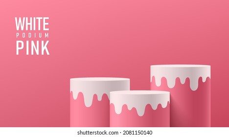Realistic 3D white and pink geometric cylinder pedestal or stand podium. Vector abstract studio room geometric platform design. Minimal wall scene for cosmetic Products showcase, Promotion display.