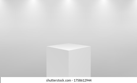 Realistic 3d white podium for product display. Square pedestal or platform in studio lighting on a gray background. Museum showcase concept. Vector illustration.