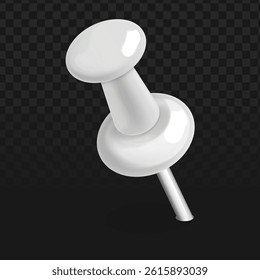 Realistic 3D white push pin vector on dark checkered background. Perfect for office designs, bulletin boards, and digital stationery projects. Detailed thumbtack with clean glossy finish.