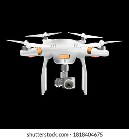 Realistic 3D  white quad copter quadcopter drone with camera isolated on black background. Vector eps10