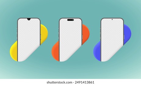 Realistic 3D White Smartphone Mockup Nestled in Green Background. Modern Mobile Phone in the Hole Template with Blank Screen. Vector.