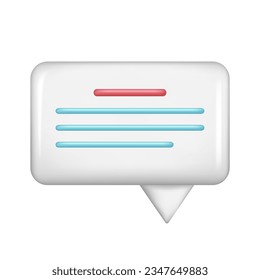 Realistic 3d white speech bubble, message button, chat box with talk speech notification. Glossy 3d element, dialogue icon, speak bubble symbol. Vector illustration isolated on white background