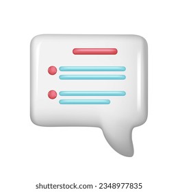 Realistic 3d white speech bubble, message button, chat box with talk speech notification. Glossy 3d element, dialogue icon, speak bubble symbol. Vector illustration isolated on white background