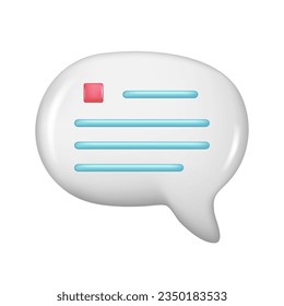 Realistic 3d white speech bubble, message button, chat box with talk speech notification. Glossy 3d element, dialogue icon, speak bubble symbol. Vector illustration isolated on white background