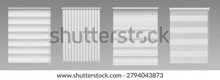  Realistic 3D white venetian blinds, vector mockup isolated on transparent background. Modern window horizontal shutter, textile roller shades, closed vertical jalousie, office or home interior design