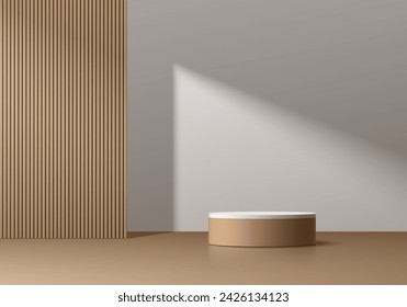 Realistic 3D white, wood brown cylinder podium pedestal background with window light and shadow. Wall minimal scene mockup products stage showcase, Banner promotion display. Vector abstract empty room