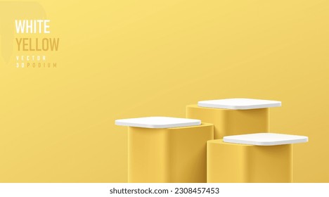 Realistic 3D white and yellow round corner cube pedestal or stand podium set. Vector abstract geometric platforms design. Wall minimal scene cosmetic products stage showcase, Banner promotion display.