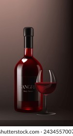 A realistic 3D wine bottle of sangria, mockup with a glass of wine. This fruity cocktail features red fluid, on smooth background, perfect for celebrations and parties. Not AI.