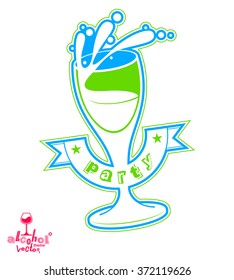 Realistic 3d wineglass, beverage theme illustration. Decorative artistic lounge object, goblet of wine with splatters, leisure and entertainment element, party lifestyle.