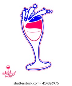 Cristal de viento 3d realista, ilustración temática de bebidas. objeto de salón artístico decorativo, copo de vino con salpicaduras, elemento de ocio y entretenimiento, estilo de vida de fiesta.