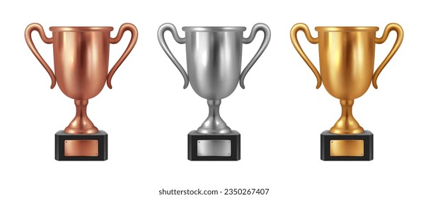 Realistic 3d winner cup, symbol of win competition play game, vector illustration. Bronze, silver and golden cup, sport game winner trophy, ceremony prize