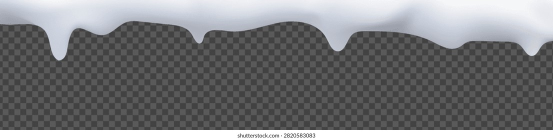 Realistic 3D winter snow background with white snowy ground, snowdrifts and frozen ice border. Winter landscape featuring snow piles, snowflakes, icicles and layered snow texture isolated on transparent background.