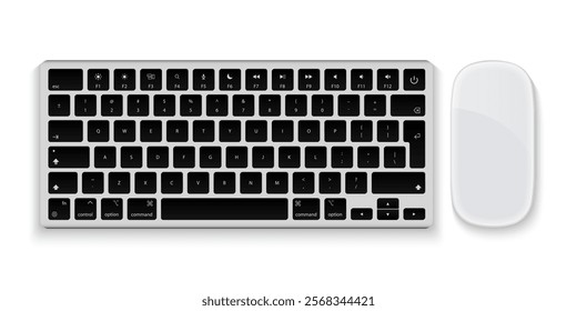 Realistic 3D Wireless Black Keyboard and Mouse Vector Set - Top View Isolated Illustration