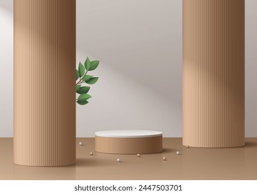 Realistic 3D wood brown, white cylinder podium background with wood pillars scene, Green leaf. Minimal abstract mockup product display presentation, Stage showcase. Platforms vector geometric design.