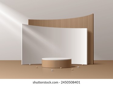 Realistic 3D wood brown, white cylinder podium background with layer curved backdrop wall scene. Minimal abstract mockup product display presentation, Stage showcase. Platforms vector geometric design