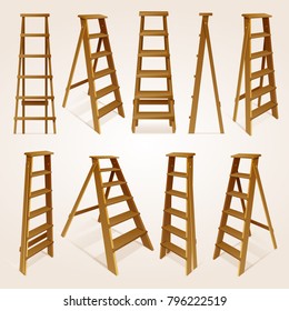 Realistic 3d wood step ladder isolated collection different shapes for interior and construction, vector illustration