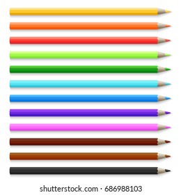 Realistic 3d wooden colored pencils isolated on white vector illustration. Set of pencil colorful for school