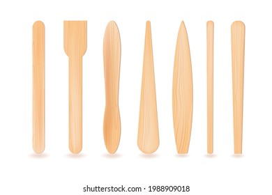 Realistic 3D wooden or plastic sticks.
For ice cream or frozen juice, covid test or medical throat examination. Isolated items on white background.
