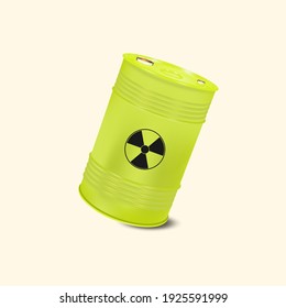 Realistic 3d yellow barrel for oil, gas, gasoline. Vector illustration with closed lid and radiation logo.