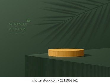 Realistic 3D yellow cylinder pedestal podium on olive green cube desk with palm leaf shadow overlay background. Abstract minimal scene mockup products display. Stage showcase. Vector geometric forms