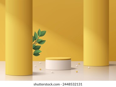 Realistic 3D yellow cylinder podium background with green leaf and huge pillars scene. Minimal scene, abstract mockup product display presentation, 3D Stage showcase. Platforms vector geometric design