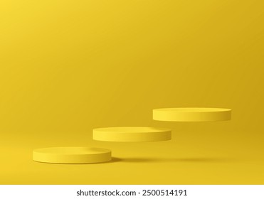 Fondo de podio cilíndrico amarillo realista 3D con escena de pared de pedestal redonda flotante. Maqueta minimalista, presentación Abstractas del producto, escaparate del escenario. Diseño geométrico de Vector de plataformas.