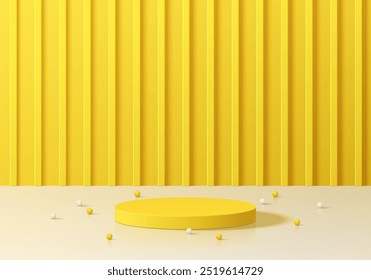 Fondo cilíndrico amarillo realista del podio 3D con la escena del modelo de la Vertical, bola de la esfera. Pedestal de maqueta minimalista, presentación Abstractas del producto, escaparate del escenario. Diseño de Vector de plataformas