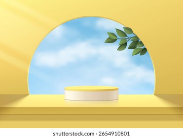 Fundo de pódio cilíndrico amarelo 3D realista com nuvem e céu azul em janela redonda. Pedestal de maquete minimalista ou apresentação abstrata da exposição do produto, vitrine do palco. Design vetorial de plataformas.