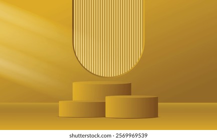 Realistic 3d yellow empty podium on yellow background. Elegant stage design for product demonstration and marketing promotion, advertising, banner, poster. Vector illustration.