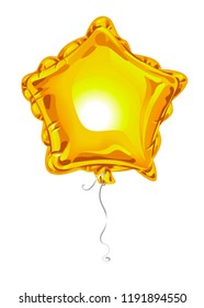 Realistic 3D yellow foil balloon in the shape of a star with reflects isolated on white background. Festive decor element for any holiday. Vector illustration