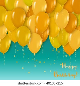 Realistic 3d Yellow Gold Balloons Flying for Party and Celebrations.Trendy Design element with Happy Birthday on blue background. Vector Illustration.
