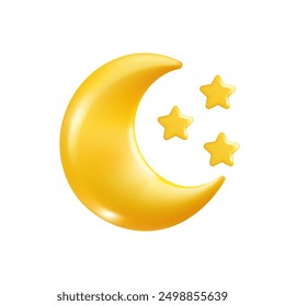 Realistic 3D Yellow Half month with stars. Cute Cartoon vector Design Isolated on White Background. Weather Illustration concept render objects for Holiday poster, flyer brochure and template.