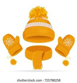 Realistic 3d Yellow Hat with a Pompom, Scarf and Mitten Set Knitted Seasonal Winter Traditional Accessories with Ornament Vector illustration