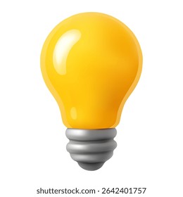 Realistic 3D yellow light bulb with metallic base on white background. Symbol of innovation, ideas, energy, and creativity. High-quality icon style illustration.