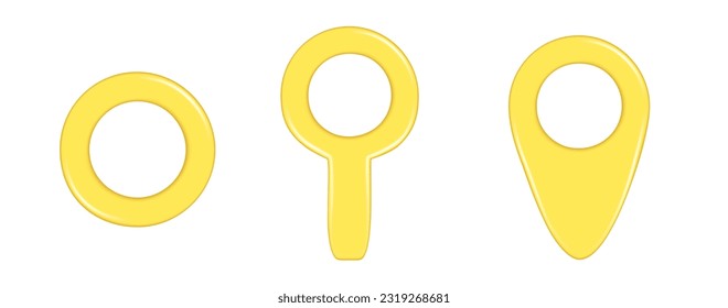 Realistic 3d yellow location map pin gps pointer marker, search icon and round. Decorative 3d element, mark location icon, search location symbol. Vector illustration isolated on white background