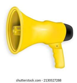 Realistic 3d yellow megaphone, loudspeaker as Marketing time concept. Vector illustration
