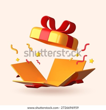 Realistic 3D yellow open gift box for Christmas, New Year, and birthday celebrations. Festive present box vector illustration.