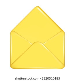 Realistic 3d yellow open mail envelope. Decorative postal 3d element, mail icon, postal symbol. Abstract vector illustration isolated on a white background