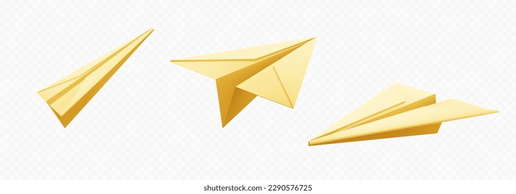 Realistic 3d yellow paper plane isolated vector. Origami airplane model flying icon on transparent background. Send email letter concept. Symbol success in business. Sent message illustration