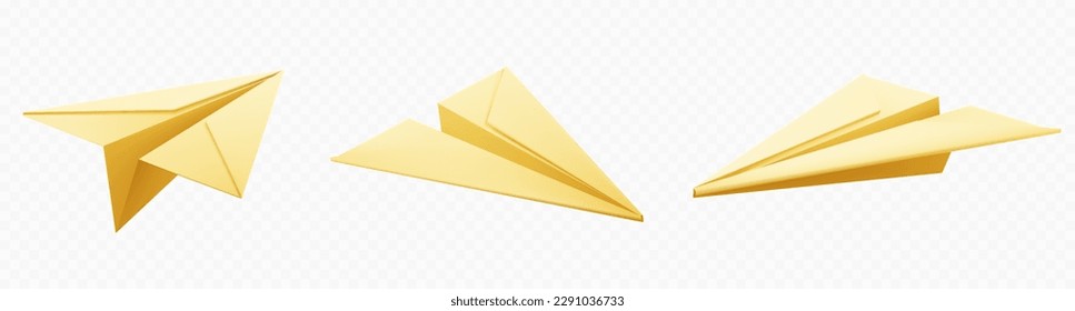 Plano de papel amarillo realista 3d aislado vector. Icono de vuelo del modelo de avión de Origami sobre fondo transparente. Enviar concepto de carta de correo electrónico. Símbolo de éxito en los negocios. Ilustración de mensaje enviada