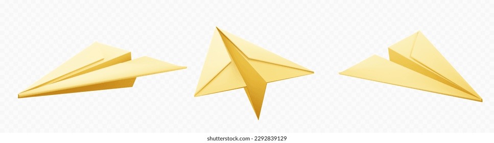 Realistic 3d yellow paper plane isolated vector. Origami airplane model flying icon on transparent background. Send email letter concept. Symbol success in business. Sent message illustration