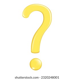 Realistic 3d yellow question mark. Decorative 3d ask element, question cross symbol, help or support icon. Abstract vector illustration isolated on a white background