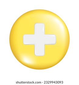 Realistic 3d yellow round sphere shape with plus sign. Decorative circle button icon, spherical symbol, education maths element. Abstract vector illustration isolated on a white background.