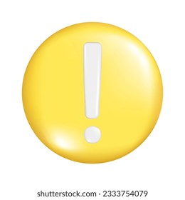 Forma realista de la esfera redonda de 3d amarilla con signo de exclamación. Icono de botón Círculo, símbolo esférico, elemento icono de atención o marca de precaución. Ilustración del vector abstracto aislada en un fondo blanco